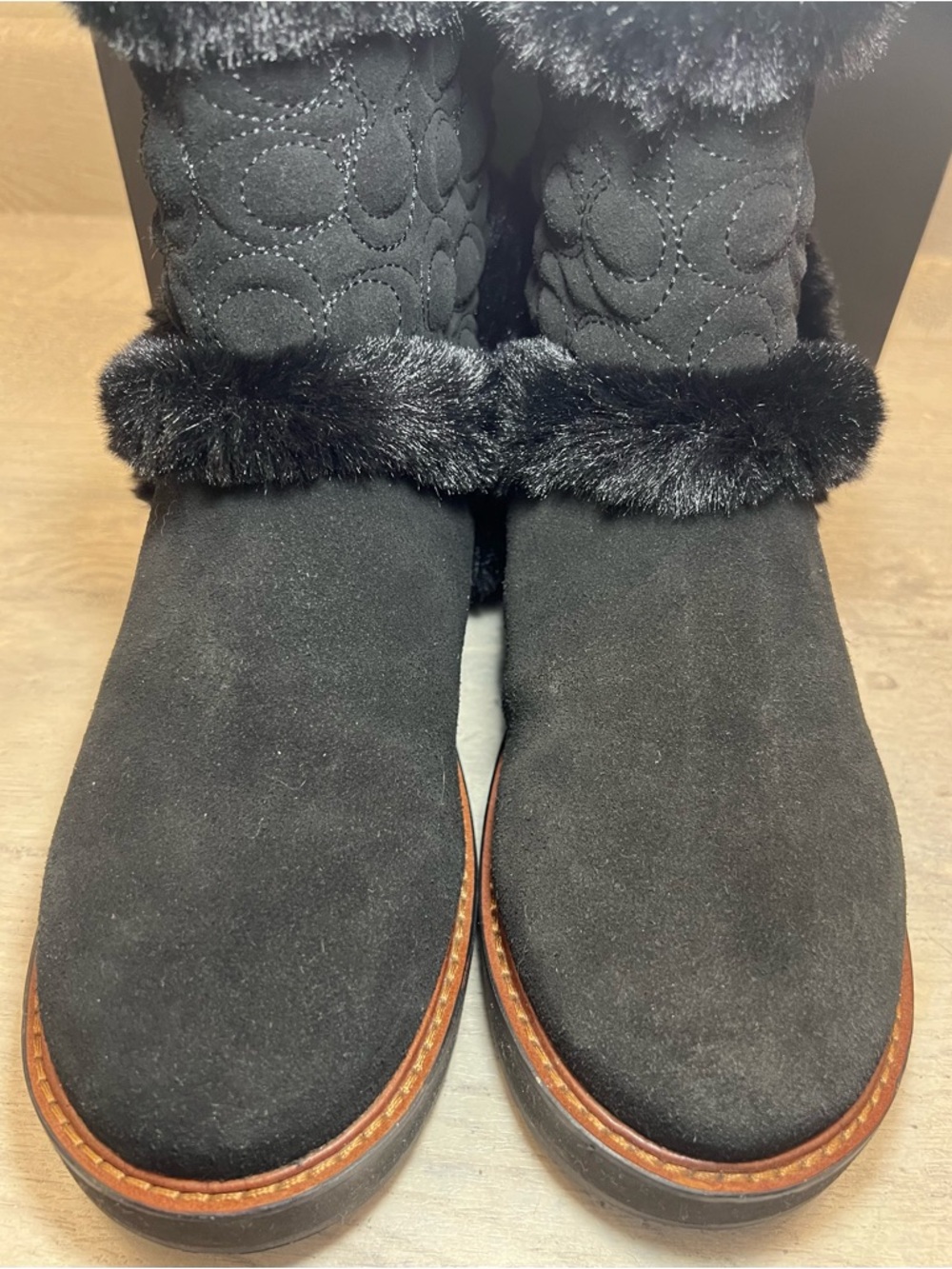 COACH IZZIE Boots Size 11 Black Signature Midcalf Suede Faux Fur FG4597 - Picture 12 of 16